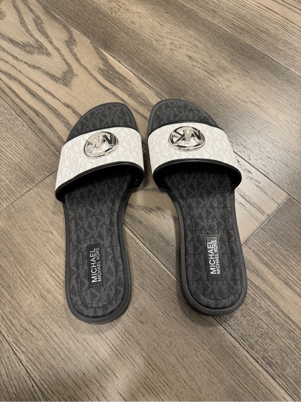 Michael Kors Black & White MK Logo Slide Sandals with Silver Medallions